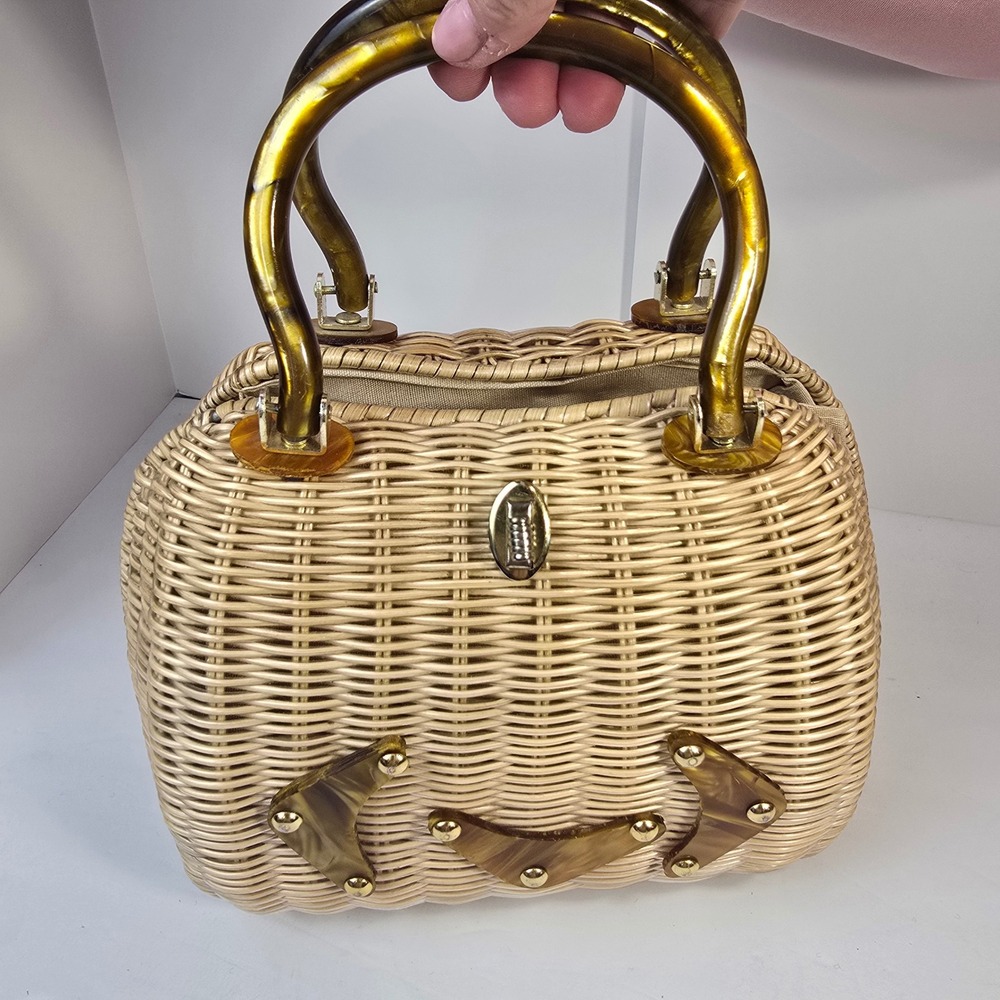 Vintage Simon Styled by Mister Ernest Wicker Handbag Lucite Handle Tortoise Tan
